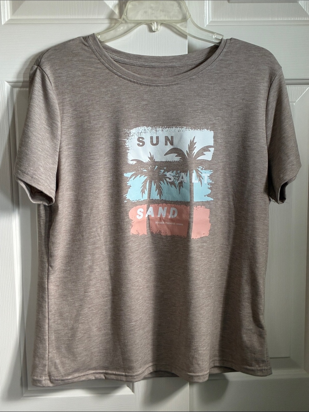 SHEIN Taupe Short Sleeve Tee with Pastel Beach Graphic